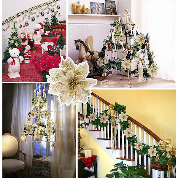 12 stk. Kunstige Julestjerner, Glitter Juleblomster til Bryllupsfest Juledekorationer (guld)