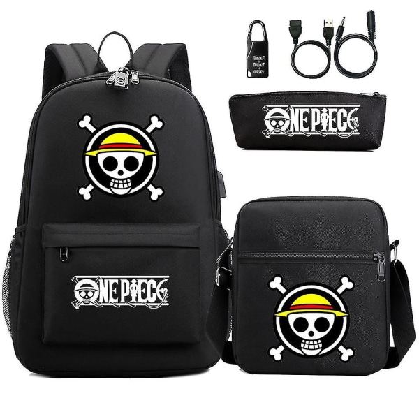 3st/ set One Piece Anime Skolryggsäck USB Oxford Satchel Med Pencil Bag Och Messenger Bag