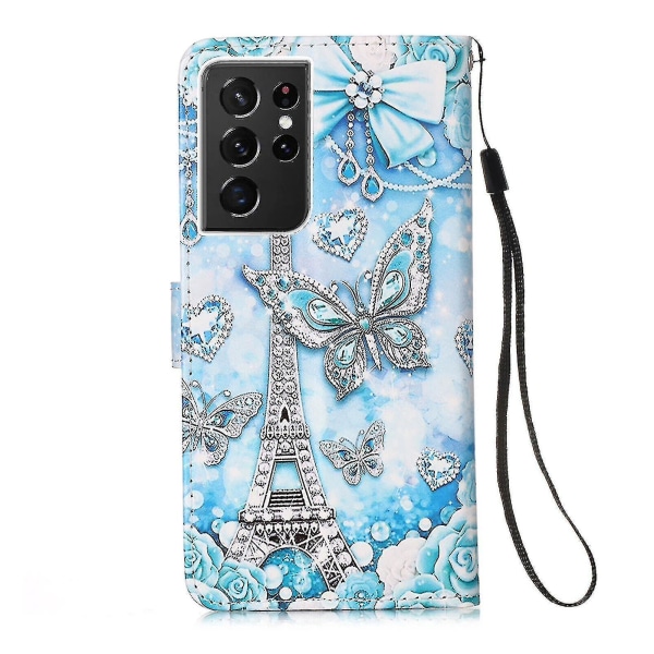 Yhteensopiva Samsung Galaxy S21 Ultra Case Nahkaisen Flip Lompakon cover kanssa, jossa on korttipaikan pidike Kickstand-kuvio - Tower Butterfly