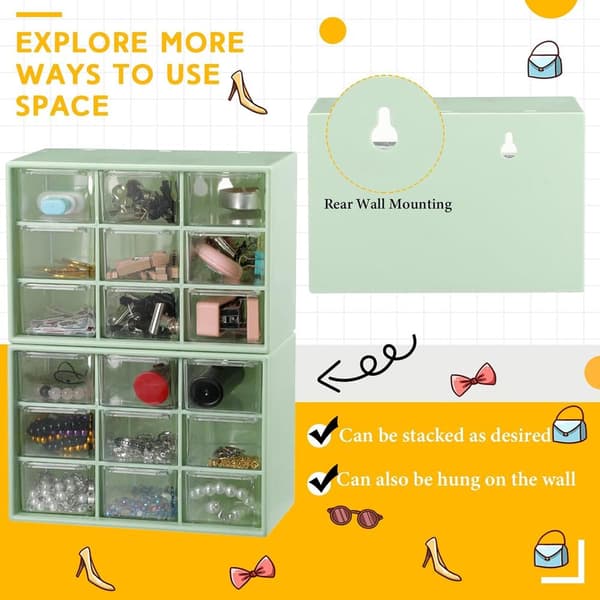 2-piece small storage box, teacher toolbox, with 9 transparent drawers, small plastic desk organizer for teachers.