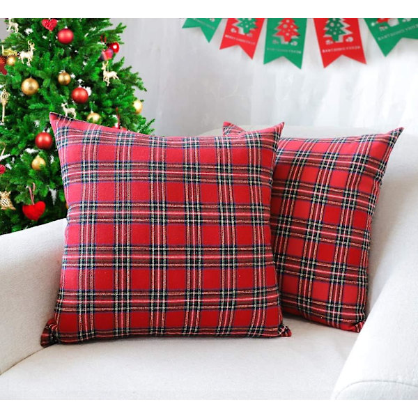 Sztxj Sett med 2 Jule Skotsk Tartan Rutete Putetrekk Polyester Putetrekk For Gårdsstil Hjemmeinnredning Rød og Grønn, 45,7 x 45,7 cm