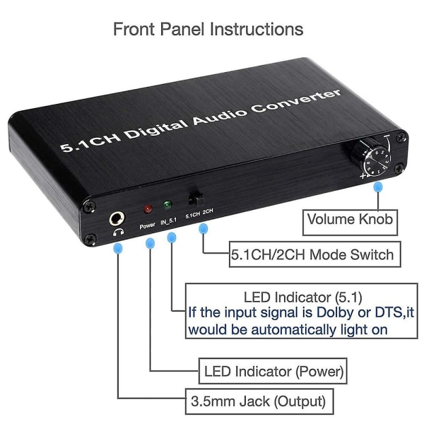 5.1ch DAC-omvandlare Ljuddekoder Digital Optisk Koaxial Toslink Till Rca 3.5mm Jack Stöd För Dol