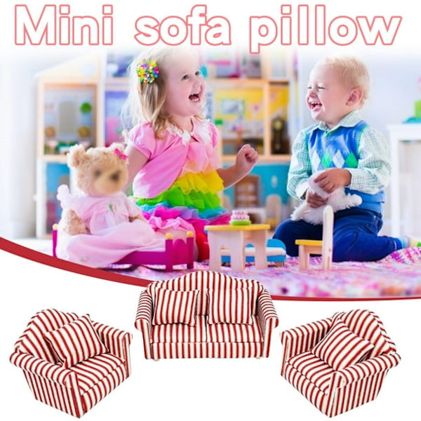 Rumsdekor Vardagsrumsdekor 1:12 Mini Dockhus 3-delars Set Med Kudde Inlagd Guldrandig Soffa