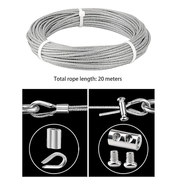 20m Rustfri Stål Wire Ophængningssæt, 3mm PVC Belagt Wire, Med Aluminium Krympehylstre, Dobbelt Huls Wiretang Og Skruetrækker