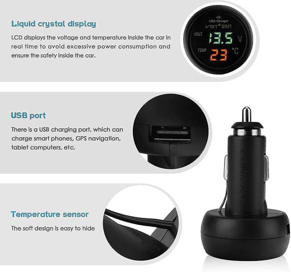 Bil Voltmeter, 3 i 1 12-24v Bil USB Oplader Voltmeter Med LCD Digital Display Panel Temperatur Tester Spændingsmåler Til Biler Og Tr