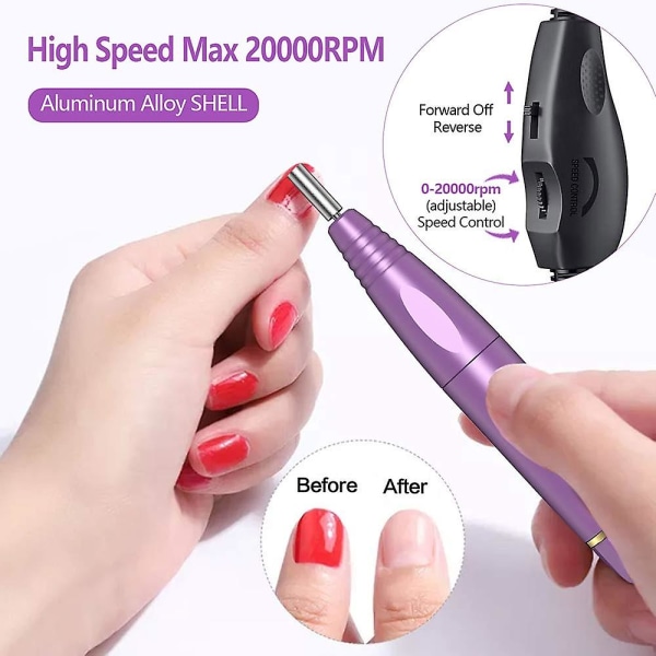 Negleboremaskine Elektrisk, bærbart akrylneglesæt, neglefilsæt til manicure pedicure polering lilla Purple