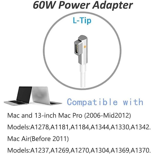 60W Mac Book Pro Oplader - Erstatning 60W L-tip Mac Oplader Gammel Mac Book Oplader, Universal Strømadapter L-type Kompatibel Med Mac Book Pro 13 Tommer