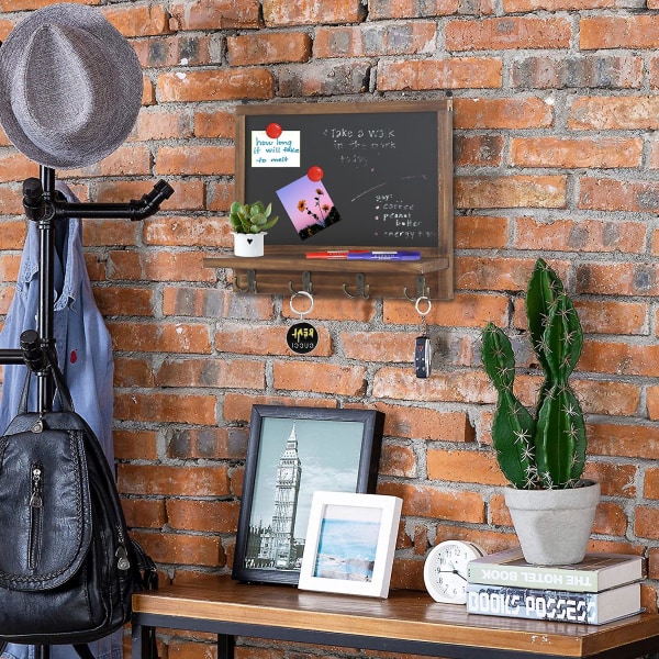 Vintage trä inramad svart tavla Magnetisk med nyckelkrokar Shaby Chic Blackboard DIY Retro Brown and Black 42x30cm