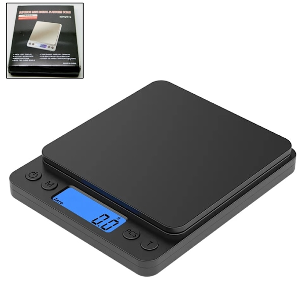 Digital vægt 0,1g - 3kg digitalvægt inkl. batterier platformsvægt Black Svart