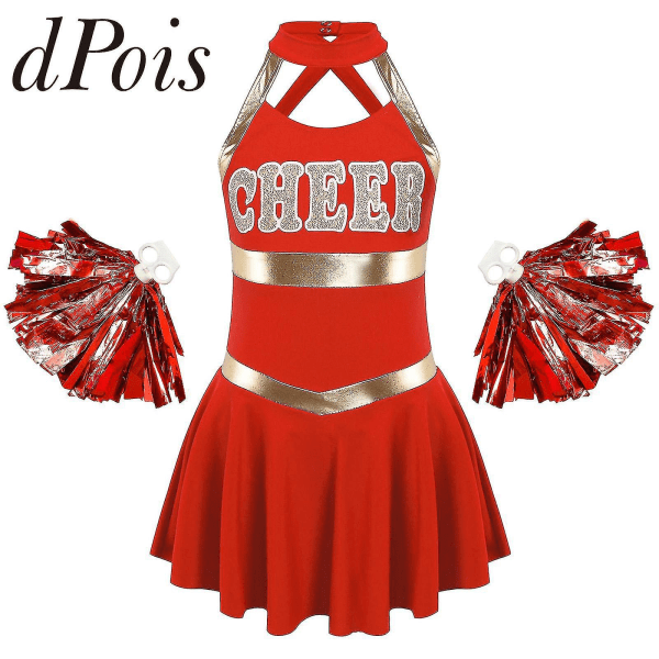 Barn Flickor Ärmlösa bokstäver Printed Dansklänning med tofs Blombollar Set för Cheerleading Kostym Cheerleader Uniformer 12 Red