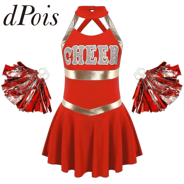 Lasten tytöt hihaton kirjaimin printed tanssimekko, jossa on tupsut kukkapallot, sarjat cheerleading-asuihin cheerleader-univormuihin 10 Red