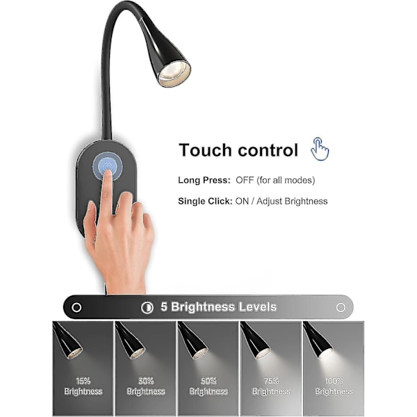 Deeloop Væglamper til Læsning ved Sengen, USB-udgang, 5 Dæmpningsniveauer med Touch-kontrol, 4000k 4 Timers Auto-sluk Vægmonteret Lampe til Mod