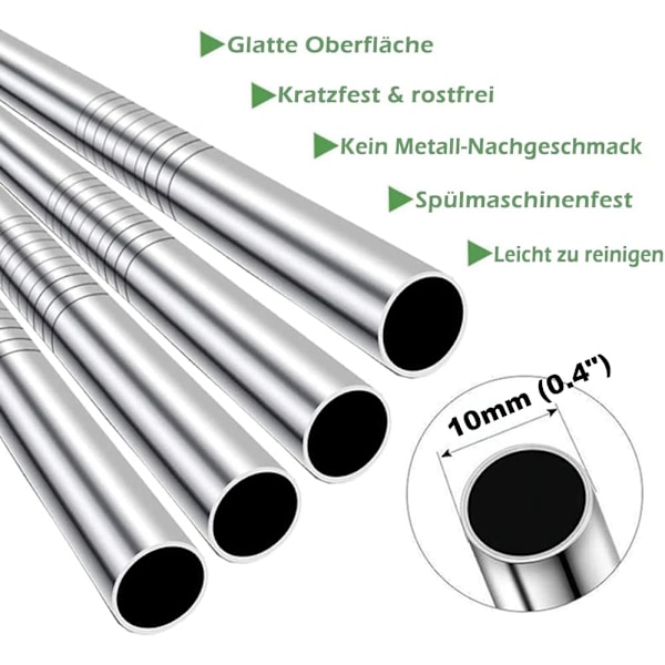 Milkshake-oljet  10 mm leveät oljet, 4-pakk teräspoljet, 266 mm ja 216 mm pitkät oljet 1 oljenpuhdistusvälineellä, uudelleenkäytettävä