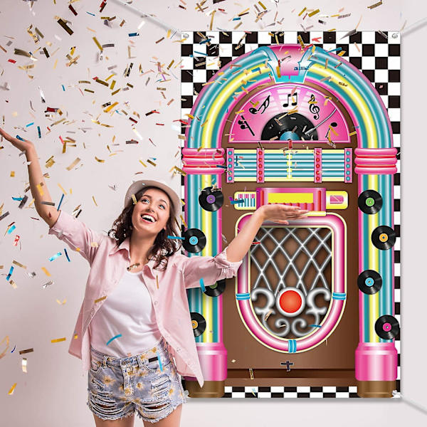 Jukebox-leikkausbanneri 50-luvun rock and roll -banneri syntymäpäiväjuhlan koriste
