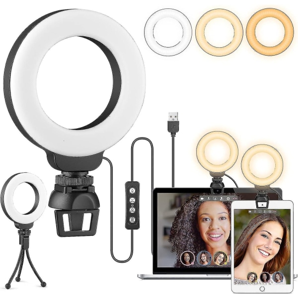 Ring Light Laptop Stand - Konferencelyssæt med 3 Lystilstande Dæmpbar Led Ringlight til Møder Makeup Selfie Videooptagelse Streaming