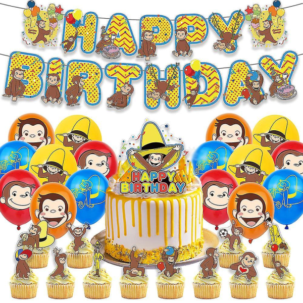 Nyfiken George Tema Party Dekoration Tillbehör Banner Ballonger Kit Cake Cupcake Toppers Set