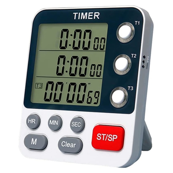 Digital dobbelt køkkentimer, 3 kanaler op-/nedtimer, kogetimer, stort display, høj lydstyrke A