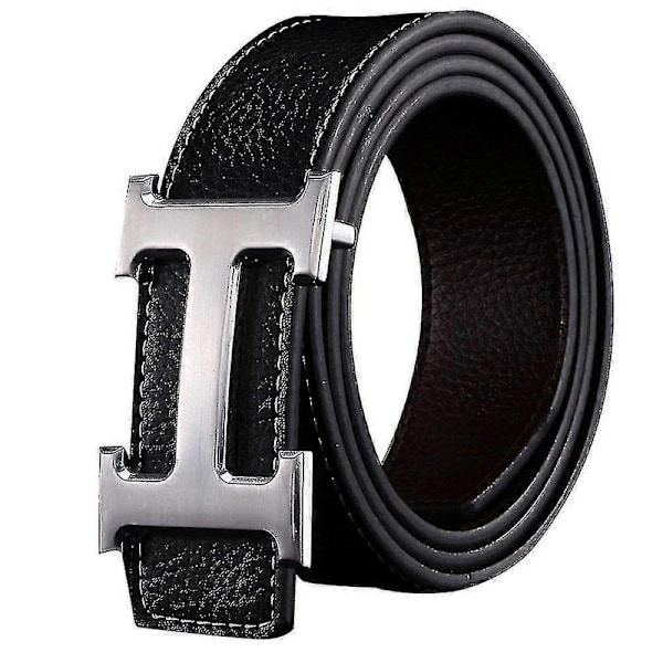 Ny Stil Affär Ledig Äkta PU Läder H Slätt Spänne Litchi Korn Bälte För Män (FMY) Black   Silver