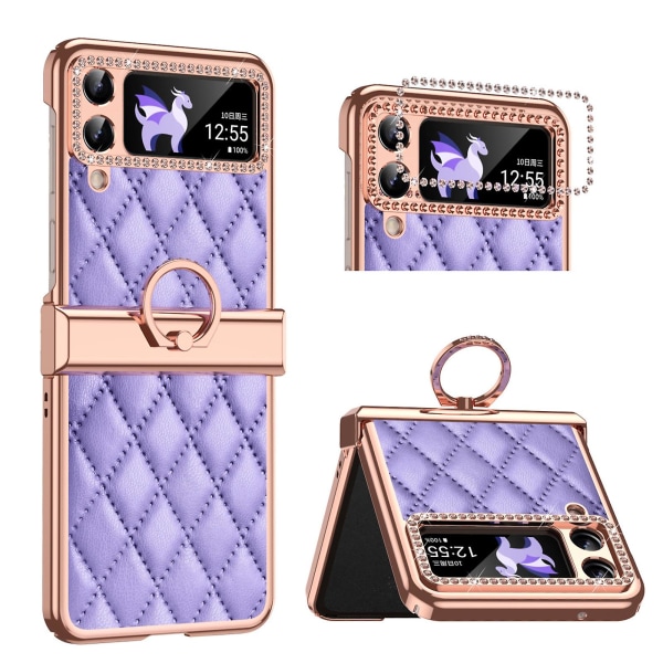 Kiiltävä timanttikuvioinen kotelo Samsung Galaxy Z Flip 4:lle, PU-nahkainen kotelo saranasuojalla ja renkaalla Pink For Galaxy Z Flip 4