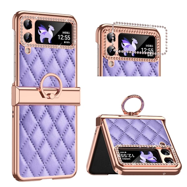 Kiiltävä timanttikuvioinen kotelo Samsung Galaxy Z Flip 4:lle, PU-nahkainen kotelo saranasuojalla ja renkaalla Purple For Galaxy Z Flip 4