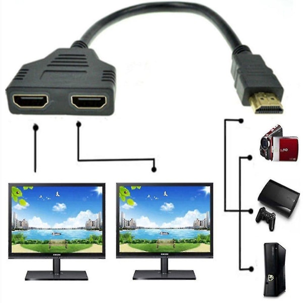 HDMI Splitter - HDMI Splitter Adapter Kabel Splitter HDMI Han til Dobbelt HDMI Hun 1 til 2 Vejs