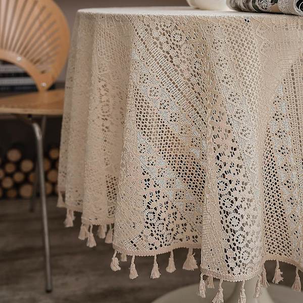 Rund Beige Duk med Blondekant og Frynser