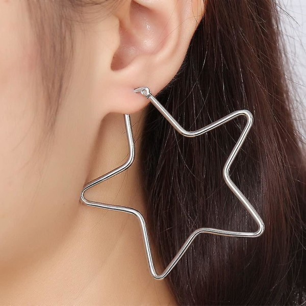 Bøjle øreringe til kvinder rustfrit stål eller sort guldbelagte letvægtssmykker Stjerne-sølv-56mm - -xx