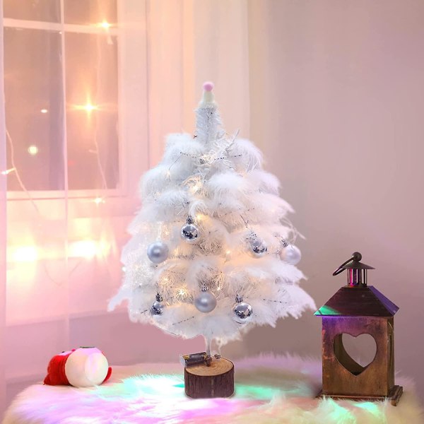 Pre-lit Artificial Mini Christmas Tree 45cm White Small Tabletop Pine Xmas Tree With Lights And Ornaments, Desktop Christmas Tree For Holiday Party De