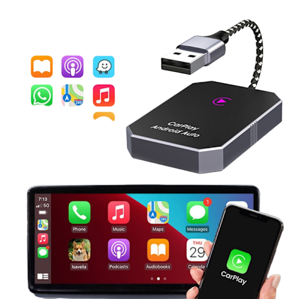 2-i-1 trådløs CarPlay og Android Auto-adapter