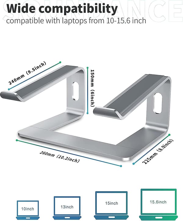 Laptop Stand, Aluminium Computer Riser, Ergonomisk Laptop Elevator Til Skrivebord, Metalholder Kompatibel Med 10 Til 15.6 Tommer Notebook Computer, Sølv