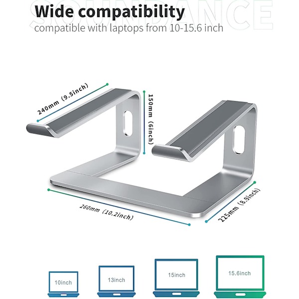 Laptopstativ, Aluminium Datamaskinheis, Ergonomisk Laptop-løfter For Skrivebord, Metallholder Kompatibel Med 10 Til 15,6 Tommers Bærbar Datamaskin, Sølv