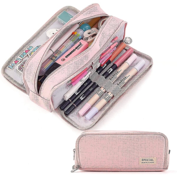 Large Pencil Case Big Capacity 3 Compartments Canvas Pencil Pouch For Students--pink