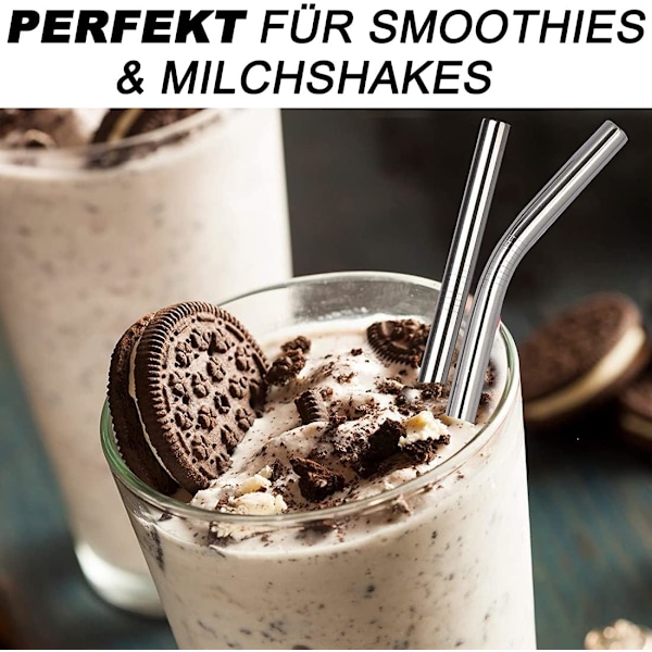 Milkshake-oljet  10 mm leveät oljet, 4-pakk teräspoljet, 266 mm ja 216 mm pitkät oljet 1 oljenpuhdistusvälineellä, uudelleenkäytettävä