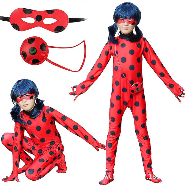 Barnejente Ladybug Cosplay kostymesett Halloween fest Jumpsuit Fancy dress kostyme med bind for øynene, parykk, veske 130(120-130CM)