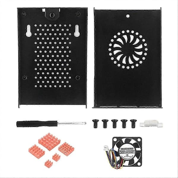 Metalkabinet til Raspberry Pi 5, skal af aluminiumslegering med aktiv køler og køleventilator køleplade Black