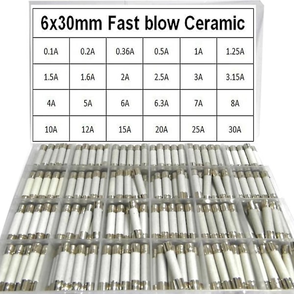 Keramisk Sikring 24 værdier 6x30  0,1a 0,5a 1a 1,5a 2a 2,5a 3a 3,15a 4a 5a 6a-30a