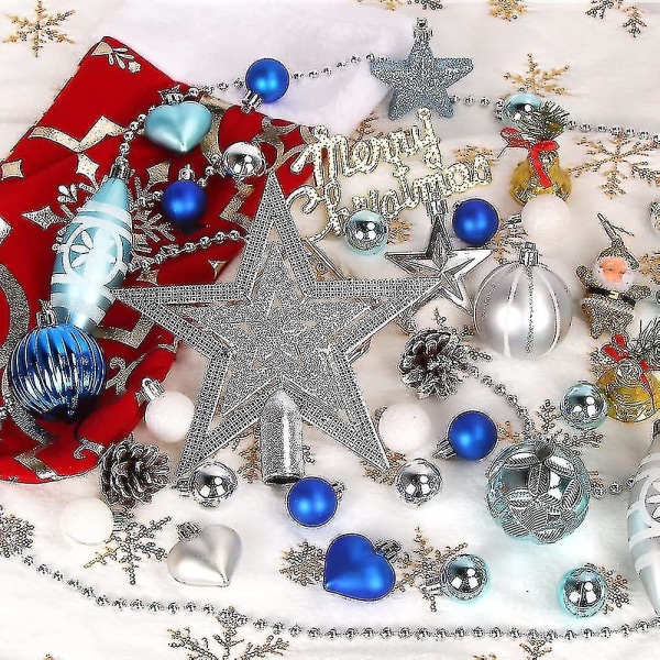 Blå/silver julkulor, julgransdekorationer 73 stycken, plastdekorationskulor, juldekoration