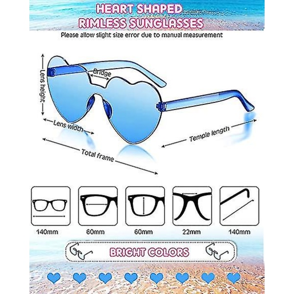 8 par kantløse solbriller Hjerteformede innfatningsbriller Trendy gjennomsiktig godterifarge briller for festgodtgjørelse (blå)