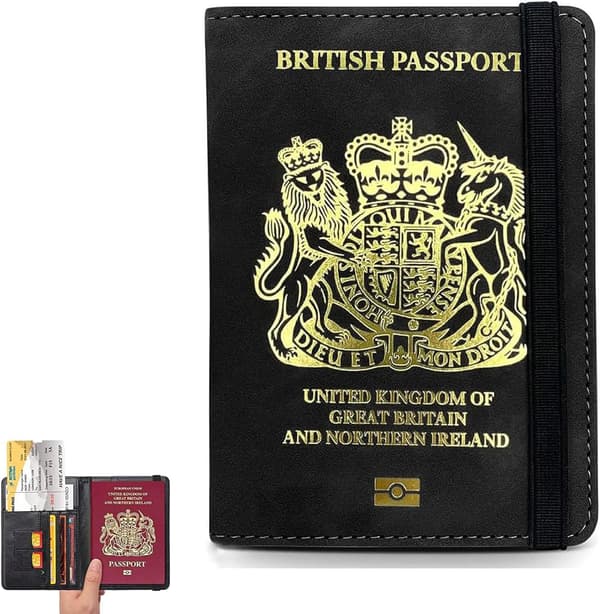 Britisk passholder med elastisk stropp, passveske med RFID-blokkering, kredittkort (svart)