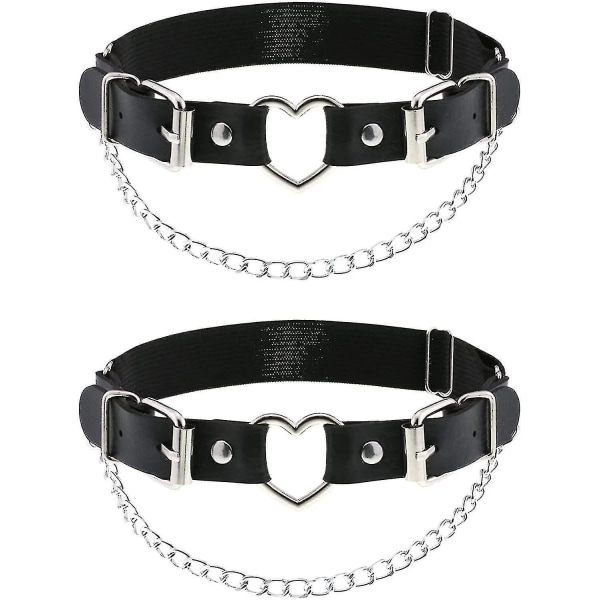 2-pak læderbenstrømpebånd med kæde, dameelastisk rockhjerte-lårstrømpebånd - 2023