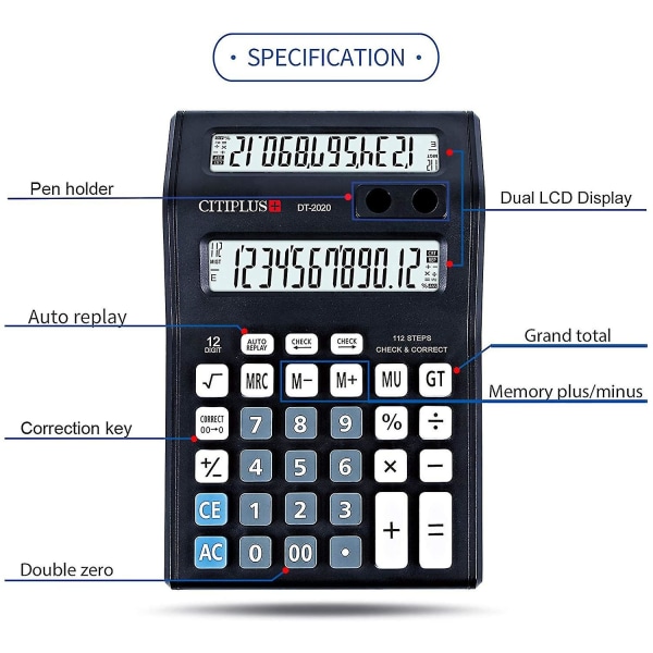 + Dual Display Lommeregner, Office Desktop Lommeregner, 12-cifret stor skærm og stor knap