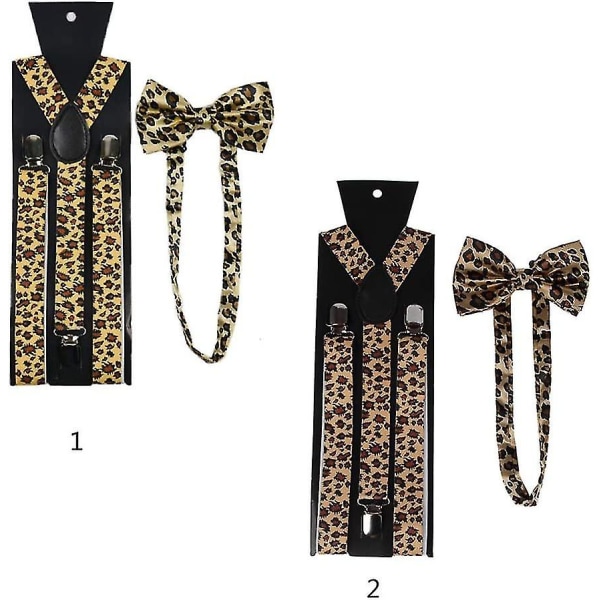 Unisex hängslen fluga Set Bred Leopard Print Justerbar 3 Clip-on Y-back bälte, Khaki