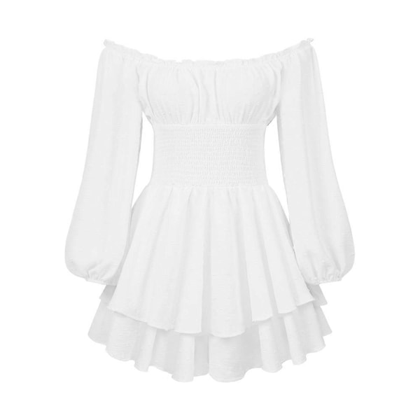 Ruffle minikjole med shorts, off shoulder, lange puff-ermer, plissert midje, prinsessekjole, søt fransk kjole