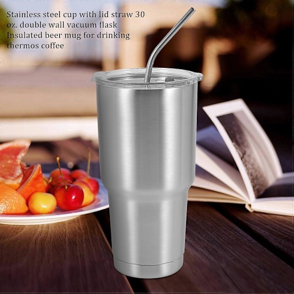 Rostfri Stål Tumbler Mugg med Lock Sugrör 30 Dubbelvägg Vakuumflaska Isolerad Ölmugg Drickande silver