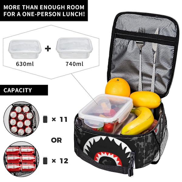 Hip Hop Camouflage Bape Shark Lunch Bag Lunchbox Multifunktionell Återanvändbar Lätt Lunchväska Tote Box för Flickor Pojkar Tonåringar Vuxna Presenter-w33