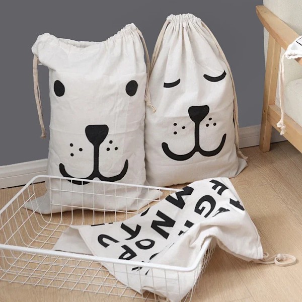 Stor klesvaskpose i bomull og lin, oppbevaringspose for klær og leker, trykt stoff, snøring, duffelbag, skittentøyskurv Round Eyes Bear