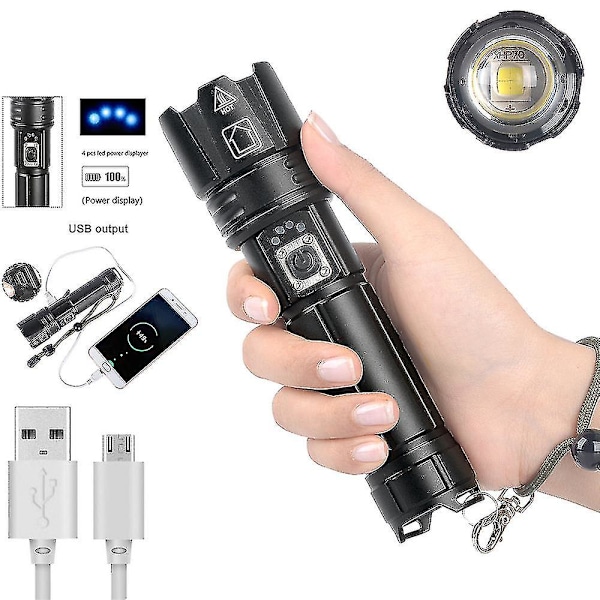 Superstarka LED-ficklampor, Uppladdningsbar LED-ficklampa 10000 Lumen, Taktisk ficklampa med hölster, Cree Xhp70.2, IP67 Vattentät, 5 ljuslägen, För Cam