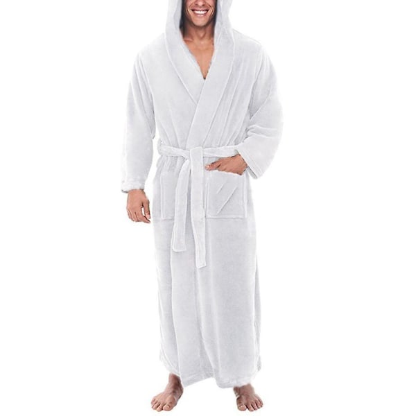 Fleecefodrad Badrock med Huva för Män, Mjuk Enfärgad Lång Morgonrock Nattlinne White 3XL