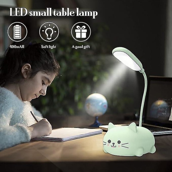 Skrivebordslampe for barn, søt katt led bordlampe med fleksibel arm, usb oppladbar bordlampe, øyebeskyttelse, leselampe, tegneserie Kawaii nattbord L Green