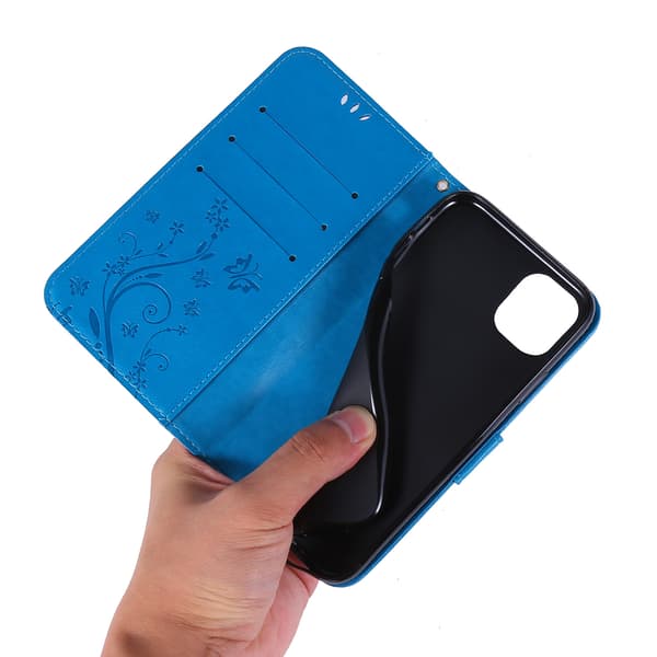 iphone 16 pro skyddsfodral, och det plånboksfodralet är tillverkat av PU-läder med kortplats och vikbart stativ blått.